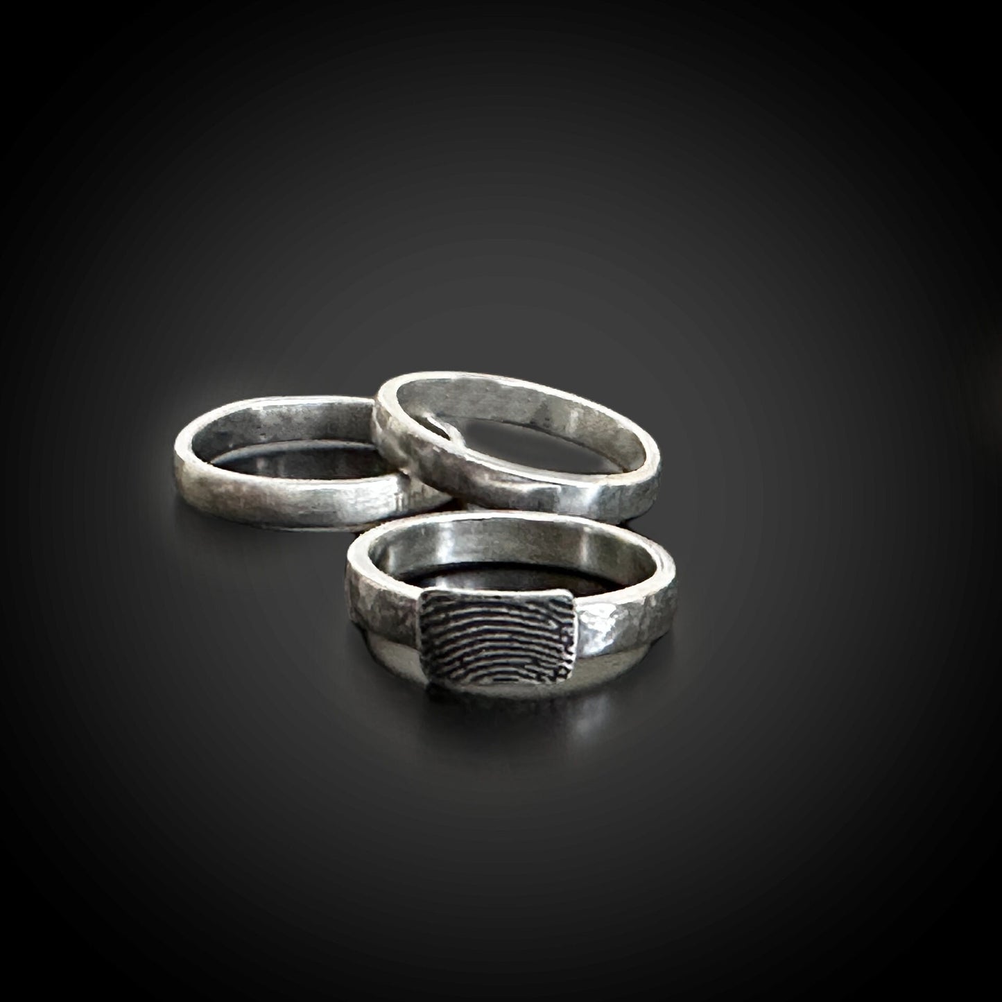 Wide Fingerprint Ring w/ 3 sterling silver stacking bands - Rectangle Fingerprint