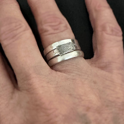 Wide Fingerprint Ring w/ 3 sterling silver stacking bands - Rectangle Fingerprint
